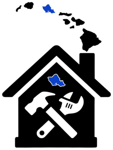 Hawaiʻi Handyman logo: house with hammer and wrench and the island chain, Oʻahu highlighted